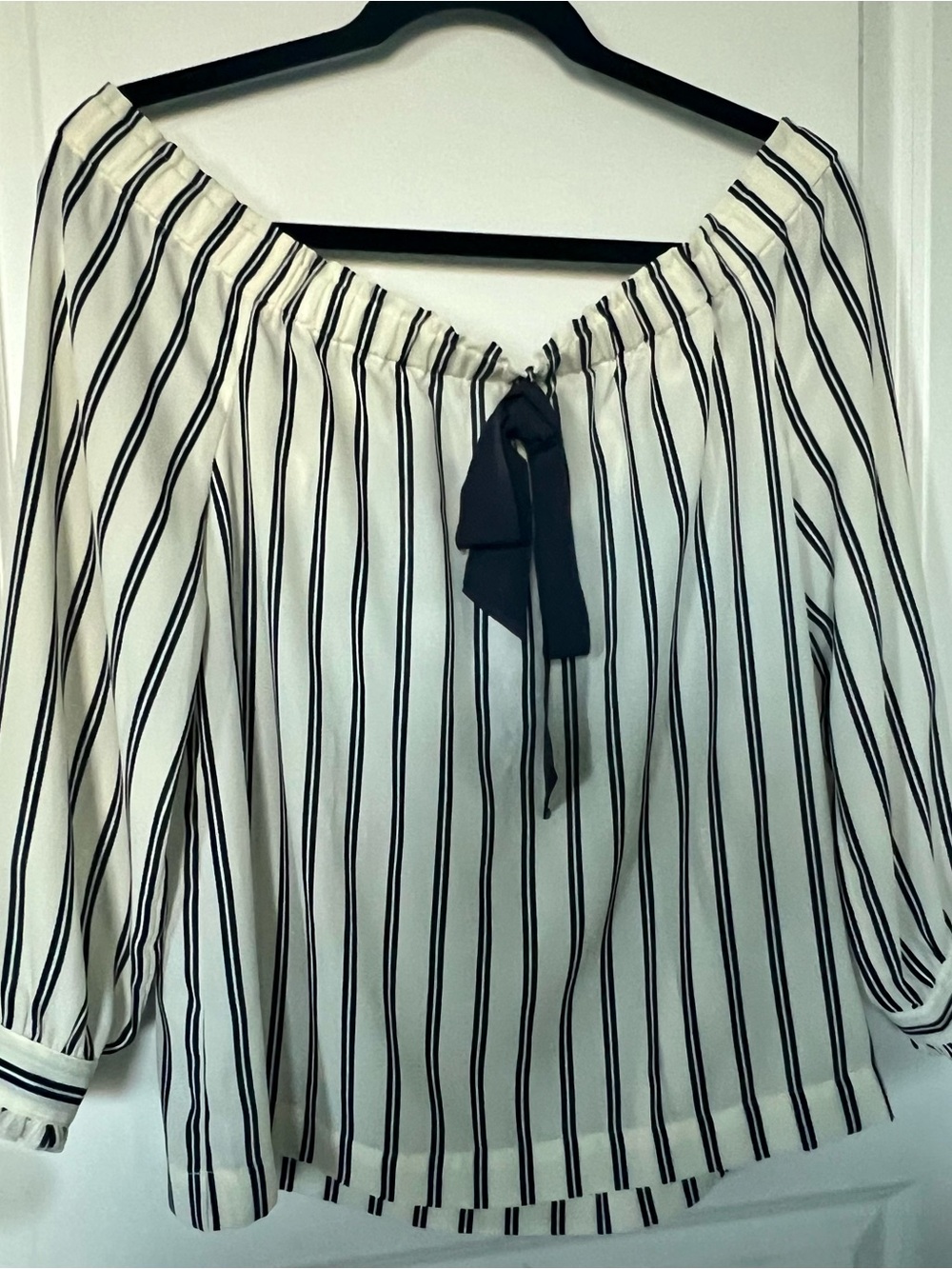 J. Crew White Off-Shoulder Blouse with Black Stripes and Navy Bow - Picture 2 of 5